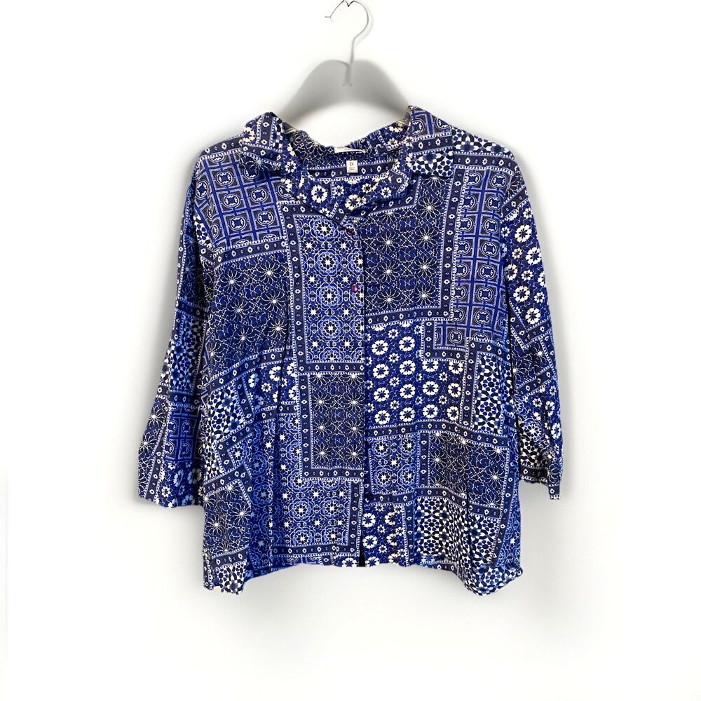 Rebecca Malone Women’s 1X Top Blue Floral Geometric Print Excellent Condition